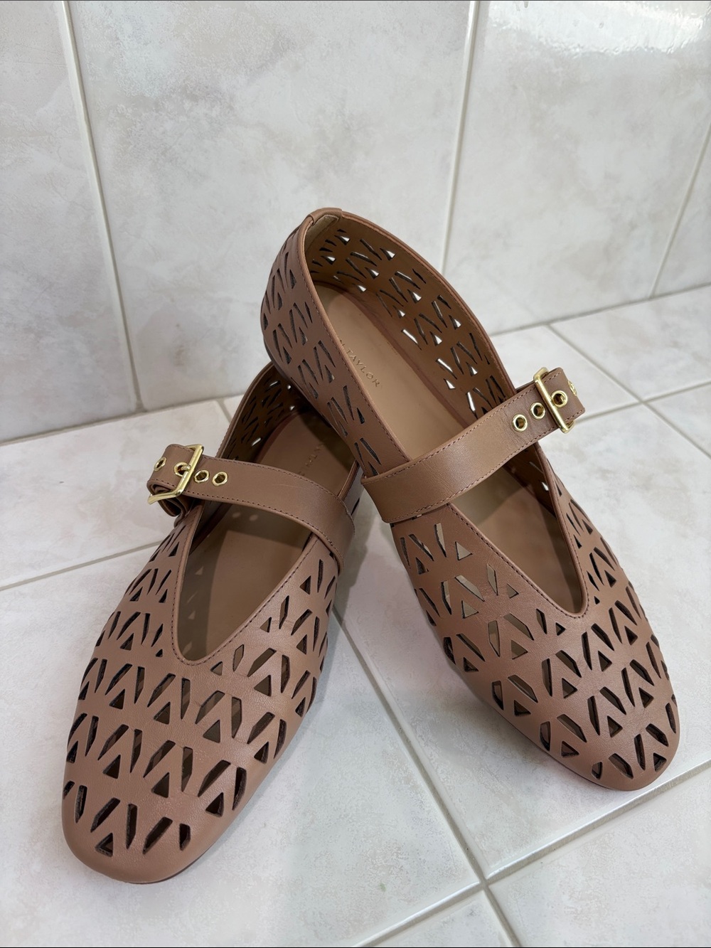 Ann Taylor Weekend Leather Perforated Mary Jane Flats with Gold Buckle